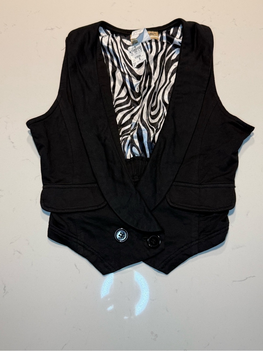 Y2K Dead-stock Black Women's Tailored Vest with Zebra-Lined Back